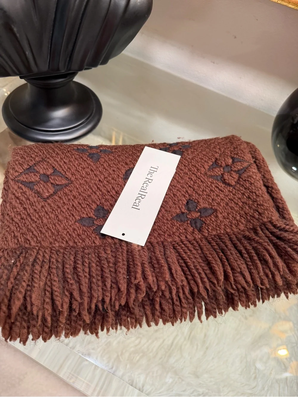 Louis Vuitton Brown Monogram unisex Wool-Blend Scarf w fringe